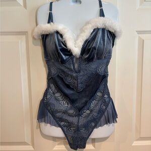 Mentionables Plush Trim Lace-Detail Navy Teddy Bodysuit, 1X (14-16)